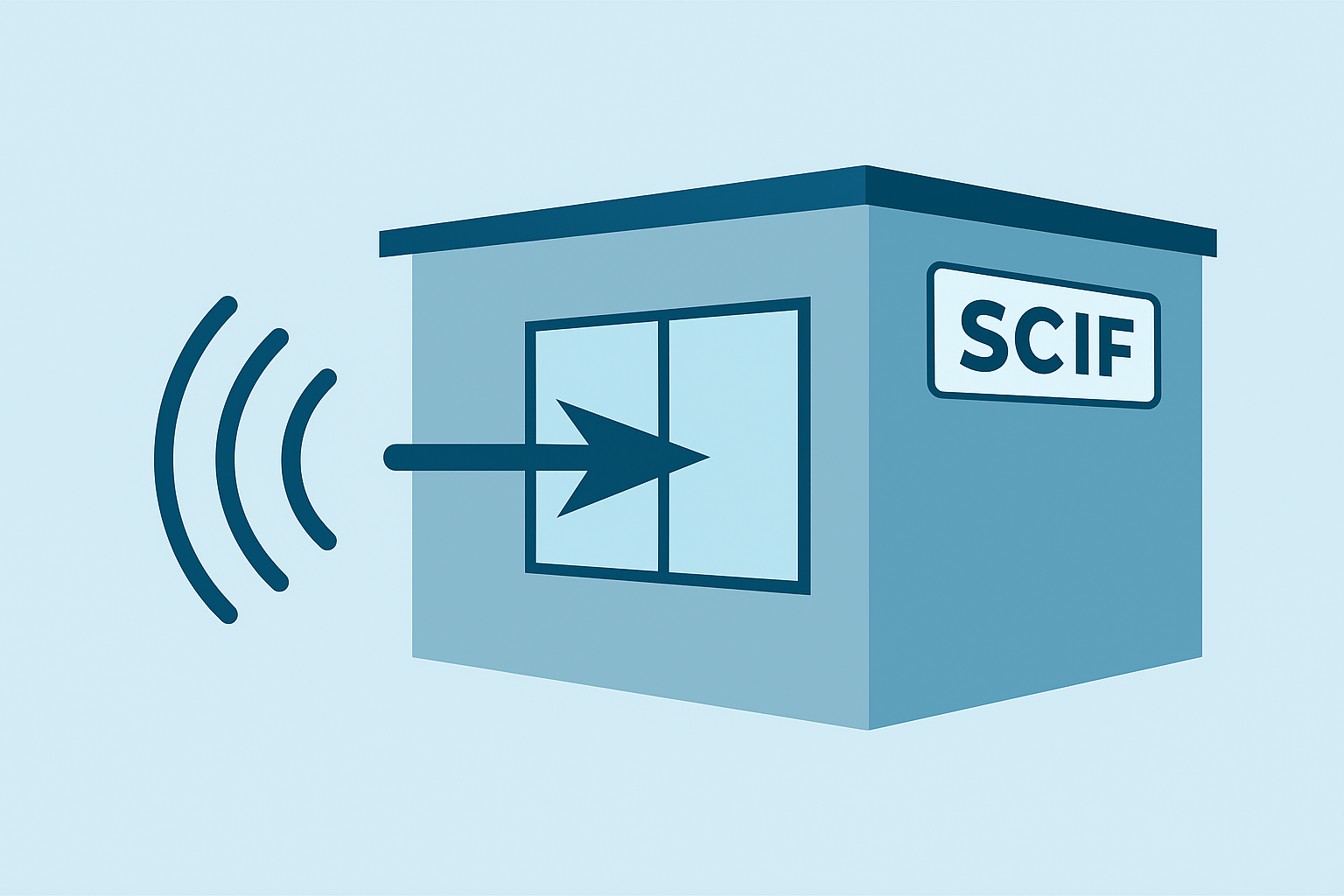 RF Attenuating Film – Signal Reflection and Shielding Illustration Technical illustration showing RF signal waves deflecting off a window of a secure SCIF building, representing RF attenuating film technology.
