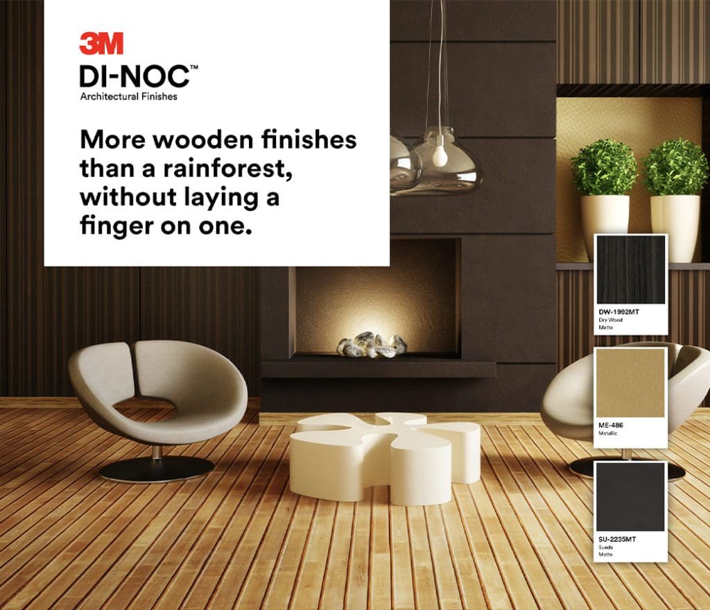 3M DI-NOC Architectural Film – Hotel Wall Installation 3M DI-NOC architectural film being installed on a hotel wall to refresh interior finishes with a modern wood-grain design.