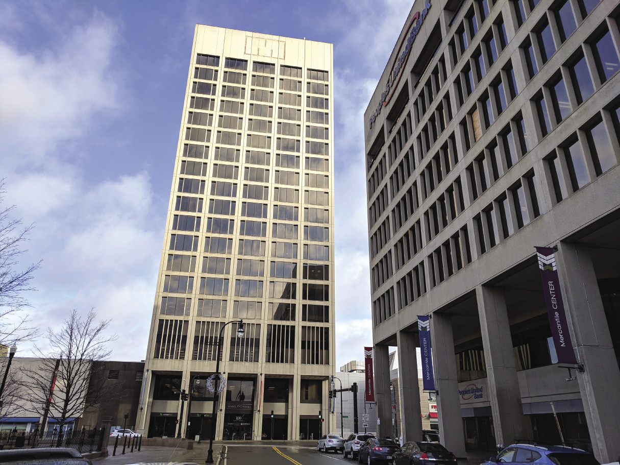 Heat reduction window film installed on the glass exterior of Worcester Common Towers office building in Worcester, MA