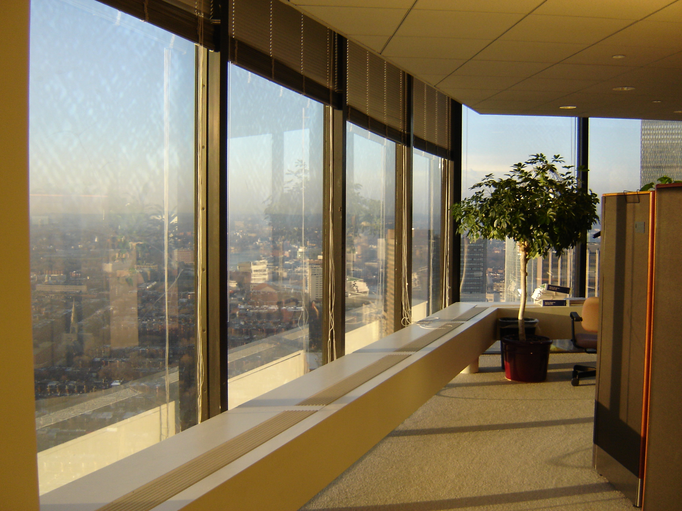 Boston skyline view from inside the John Hancock Tower during window film installation